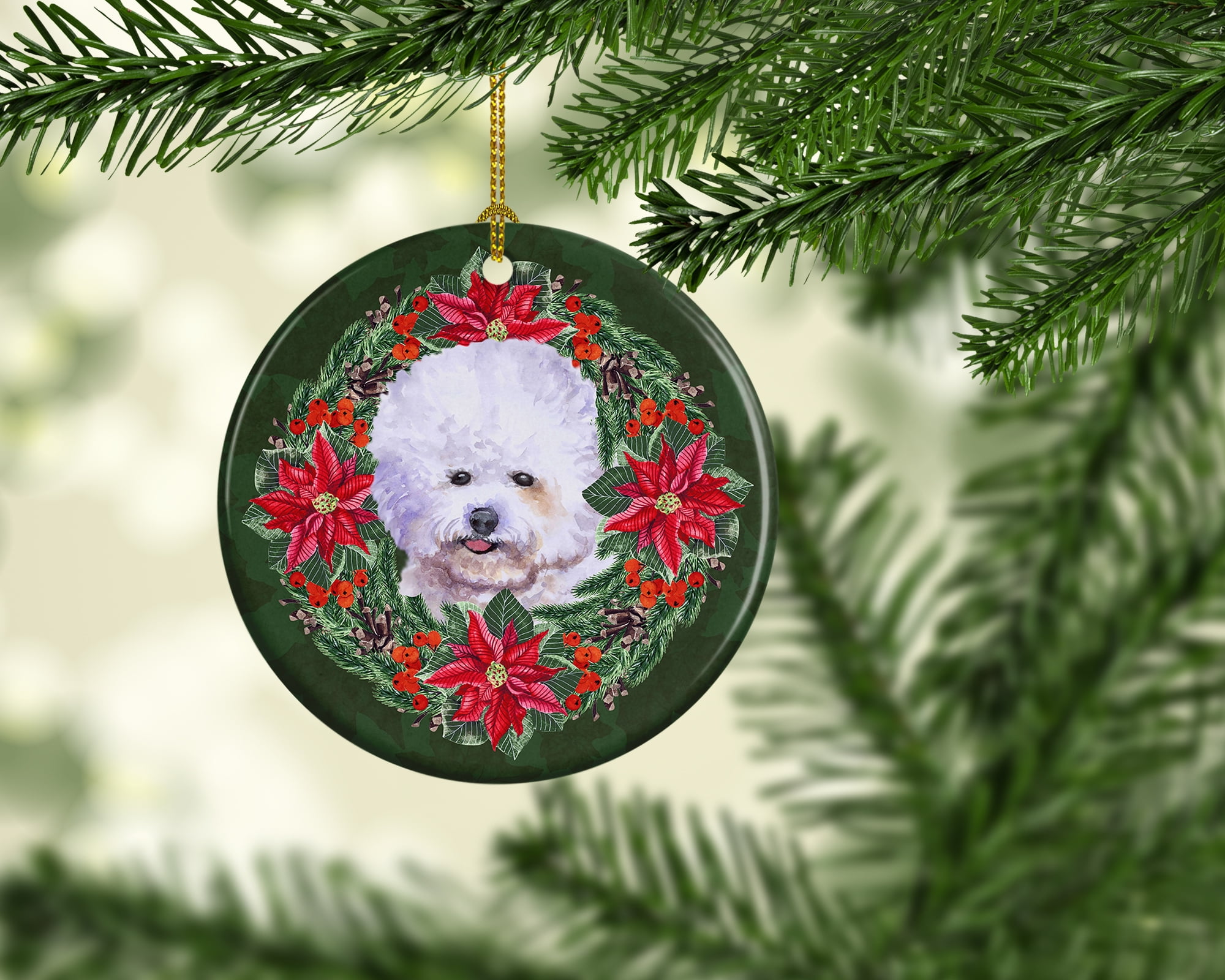 Bichon Frise Poinsetta Wreath Ceramic Ornament 2.8 in x 2.8 in