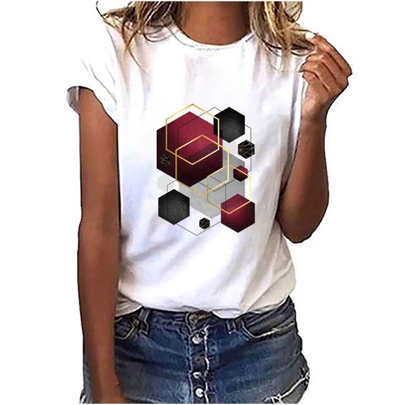 Fesfesfes White Shirts for Women's Fashion Geometric Graphic Print T-Shirts Female Round Neck Loose T-shirt 4(S)
