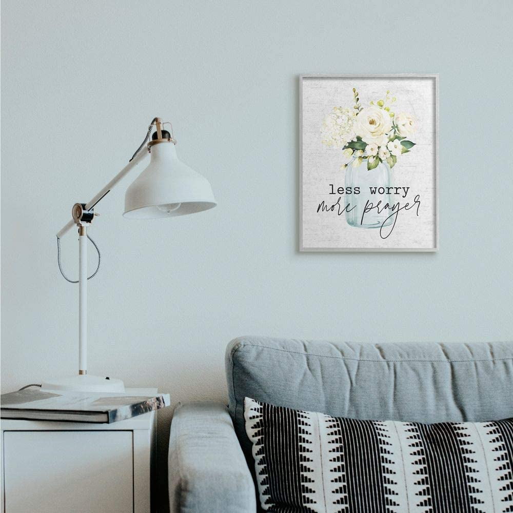 Stupell Industries Less Worry More Prayer Phrase Cottage Floral Bouquet Framed Wall Art Design by Lettered and Lined, 16" x 20", Gray Framed