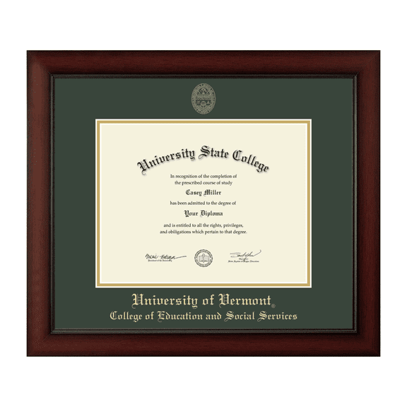 Framerly - UVM Social Work Diploma Frame with Williamsburg Green and Gold Mat