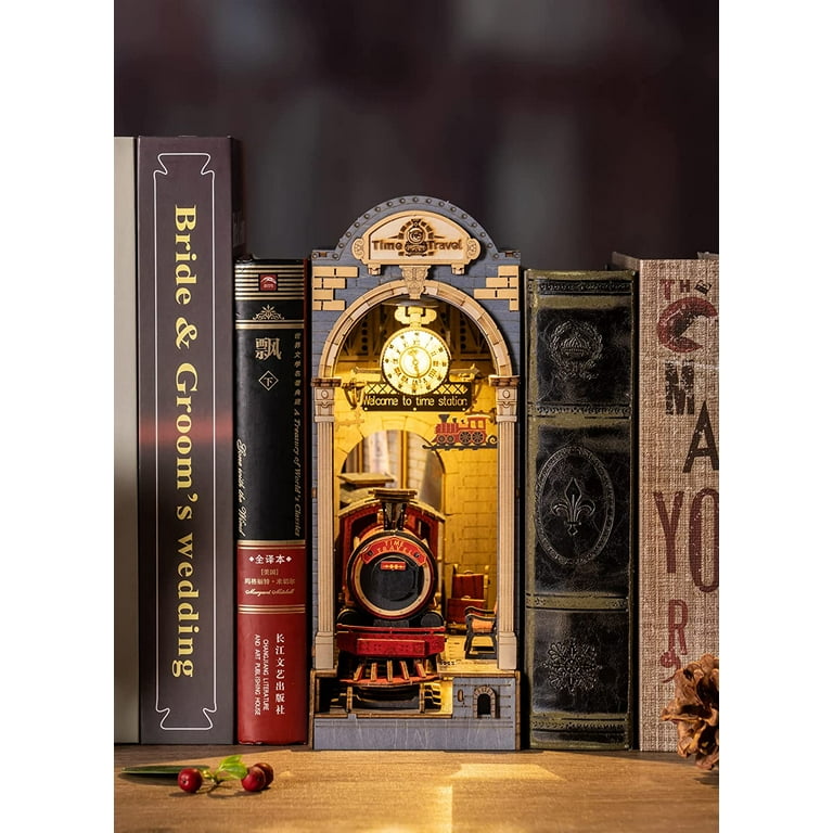 DIY Book Nook Kit Insert Bookcase Book Stand 3D Wooden Puzzle DIY Miniature  House Wood Bookend Book Nook Model Building Kit with LED Light Booknook