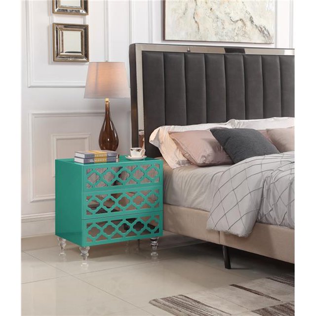 Chic Home FST2798 Pirelli Nightstand Side Table with 3 Self Closing Mirrored Drawers Lacquer Acrylic Legs for Modern Contemporary, Turquoise