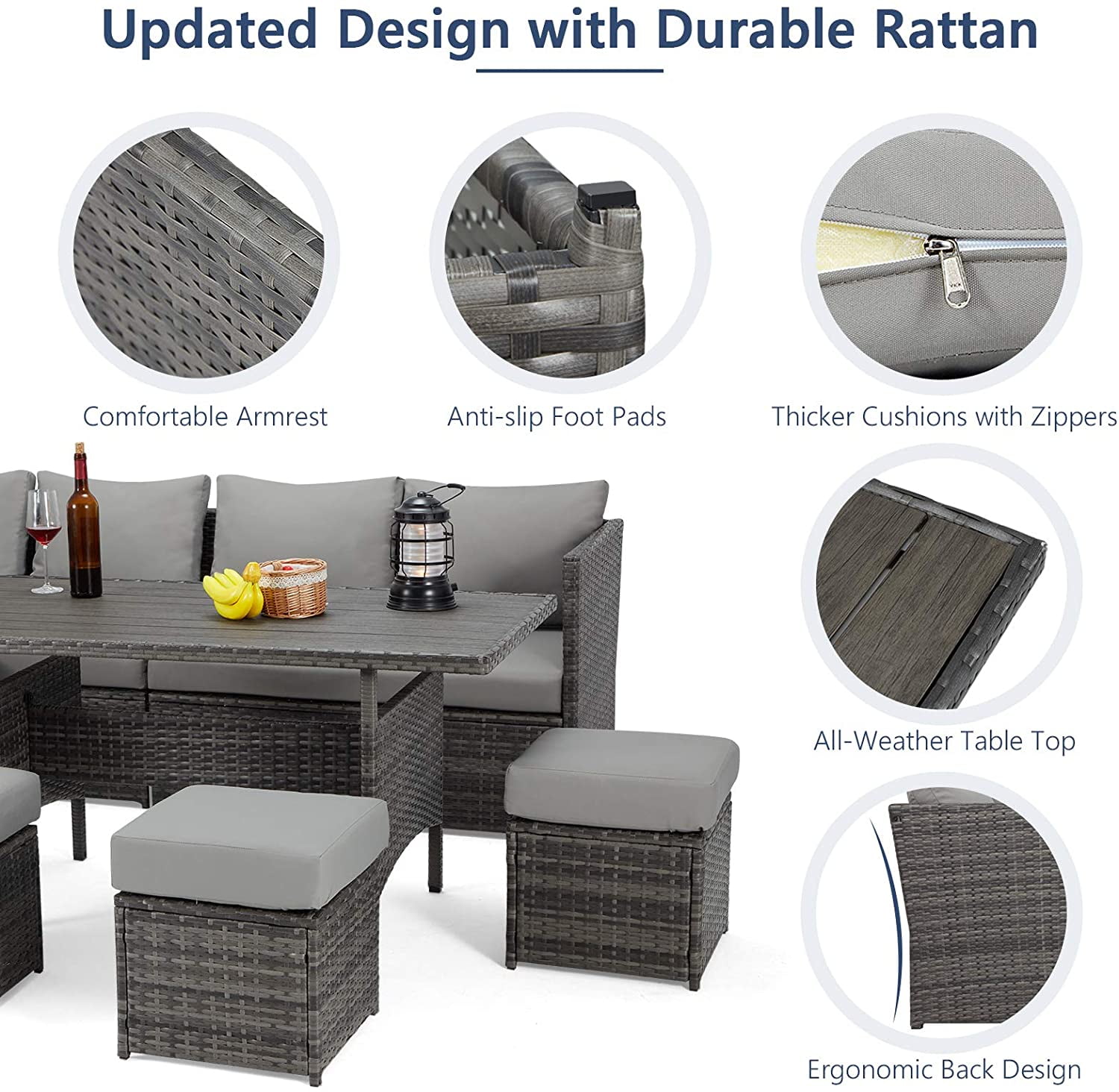 Danrelax 7-Piece Patio Conversation Set, Outdoor Sectional Sofa, PE Rattan Wicker, Steel Frame, Gray