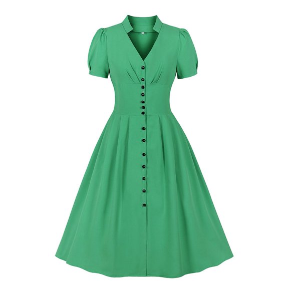 QLEICOM 1950's Dresses for Women Vintage, Short Sleeve V-Neck Lapel Dress, Solid Formal Stretch Slim Button High Waist Swing Dress, Audrey Hepburn Style Party Dresses Green XXL