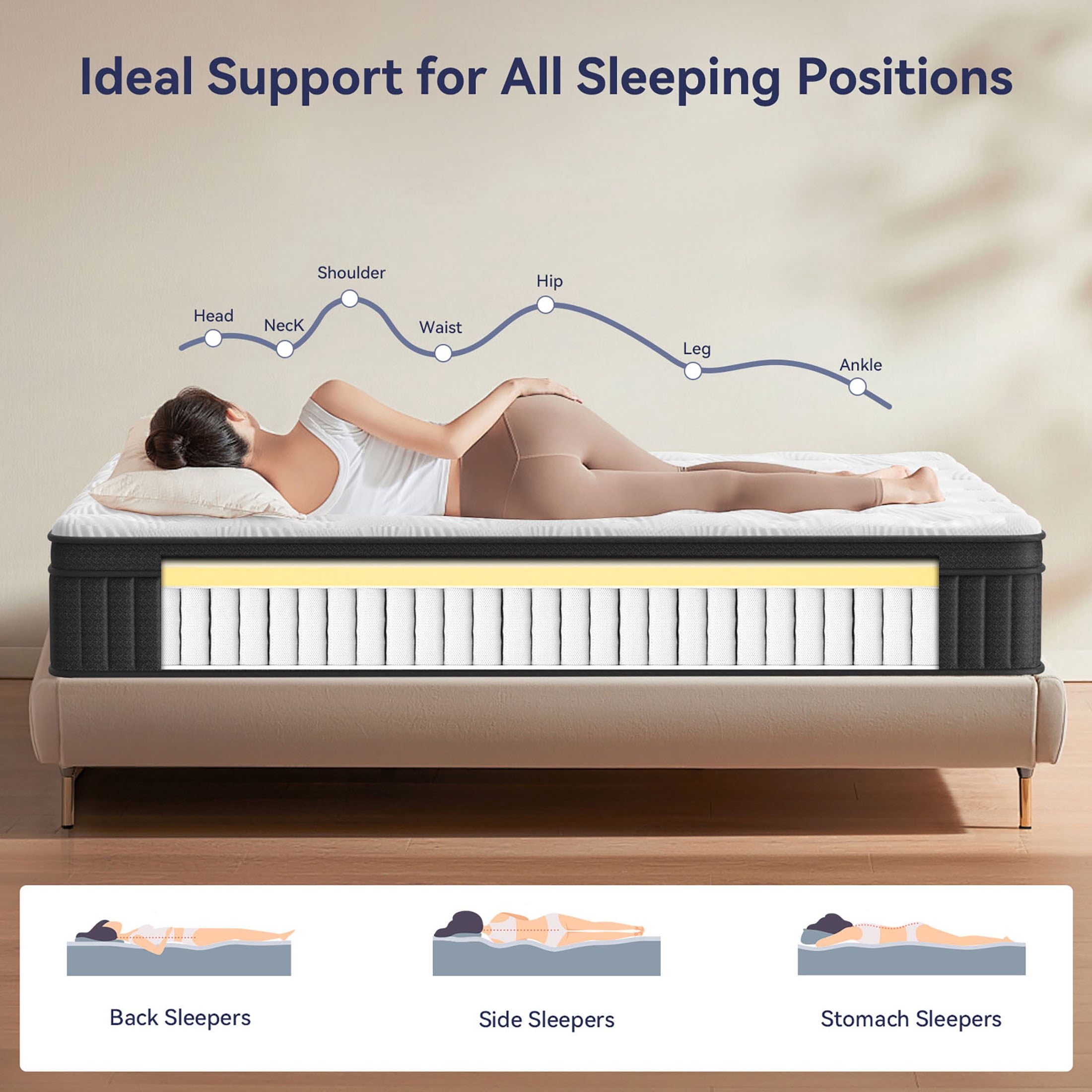 CRYREINA King Size Mattress 14 inch, Adult Hybrid King Mattress in a Box Pocket Springs, Medium Firm Feel for Pressure Relief, Breathable Comfort CertiPUR-US