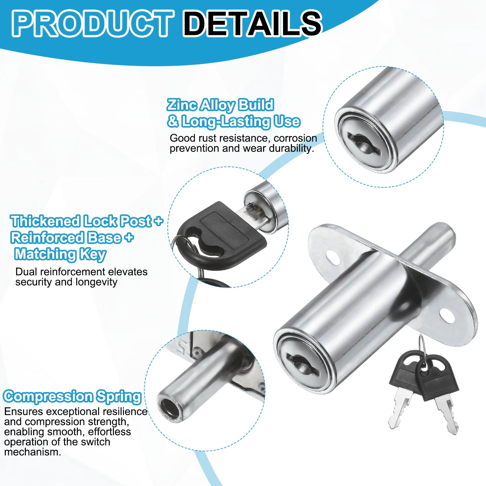 Uxcell Push Plunger Lock 32mm(1-1/4 Inch) Cylinder Length, 4 Pcs Zinc Alloy Cabinet Door Lock Keyed Alike for File Desk Drawer Wardrobe Sliding Door