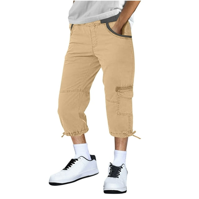 Capris, Mens Fashion Solid Drawstring Elastic Waist Pocket Casual Sweat Capris Pants