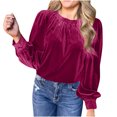 thumbnail image 2 of Womens Long Sleeve Tops Dressy Casual Soft Velvet Blouses Round Neck Solid Color Loose Fall Clothes 2025 (M, Hot Pink), 2 of 7