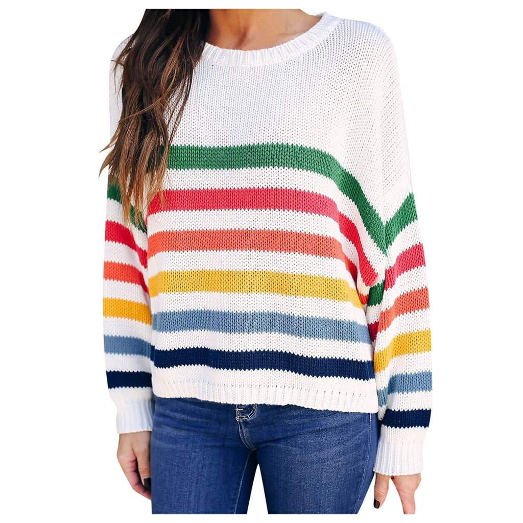 white sweater with rainbow stripe