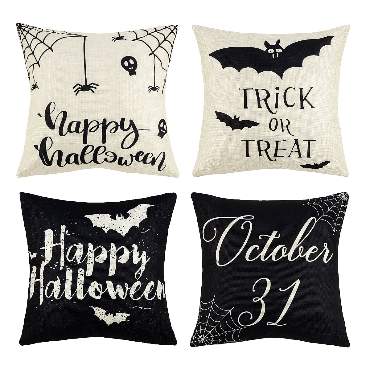 Set of 4 Happy Halloween Skull Throw Pillow Covers Black and White