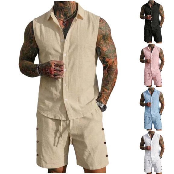 Havenre Men's Summer Beach Outfits 2 Piece Sleeveless Button Down Hawaiian Shirts and Drawstring Elastic Waist Shorts Lightweight Comfy Vacation Texture Linen Sets for Men Khaki XXL