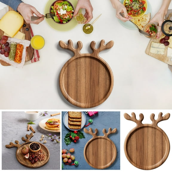 Christmas Decor under $5! Yannianjz Wood Christmas Serving Platter with Antler Handle, Round Wooden Food Dish Plate, Decorative Charcuterie Board, Christmas Platter for Housewarming Decro Wedding