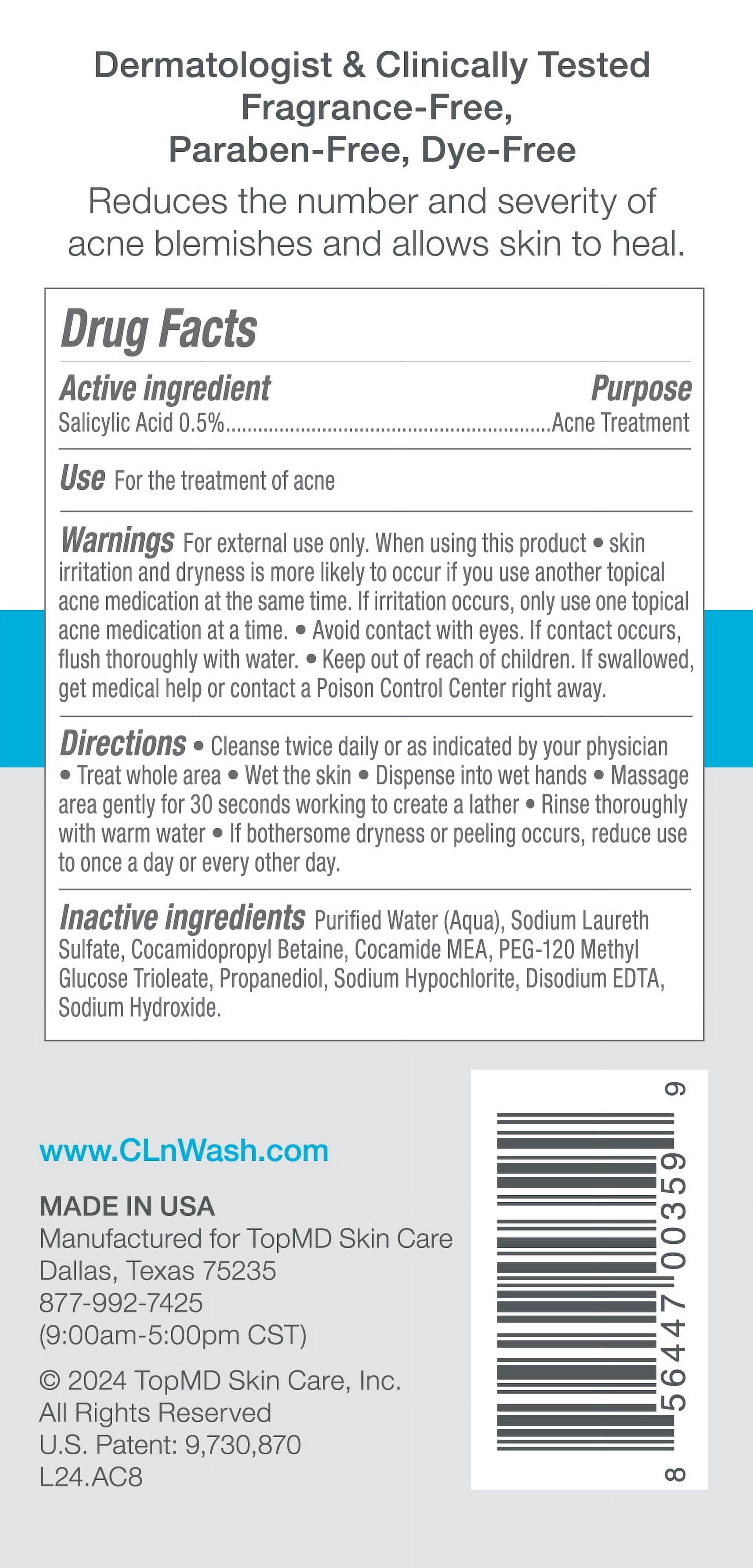 CLn Acne Cleanser, 0.5% Salicylic Acid Facial Cleanser for Oily Skin & Blackheads, Oil Free Face Wash, 8 fl oz