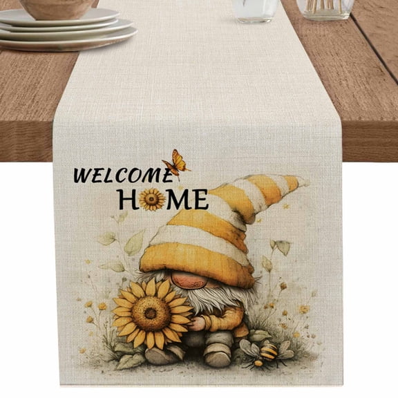 nqOlkjepod Yellow Sunflower Table Runner 36 Inches Long Farmhouse Dress Scarves, Gnomes Butterfly Beige Retro Floral Dining Tablerunner for Coffee Table/Kitchen Island/Party Décor, Small 13" x 36"