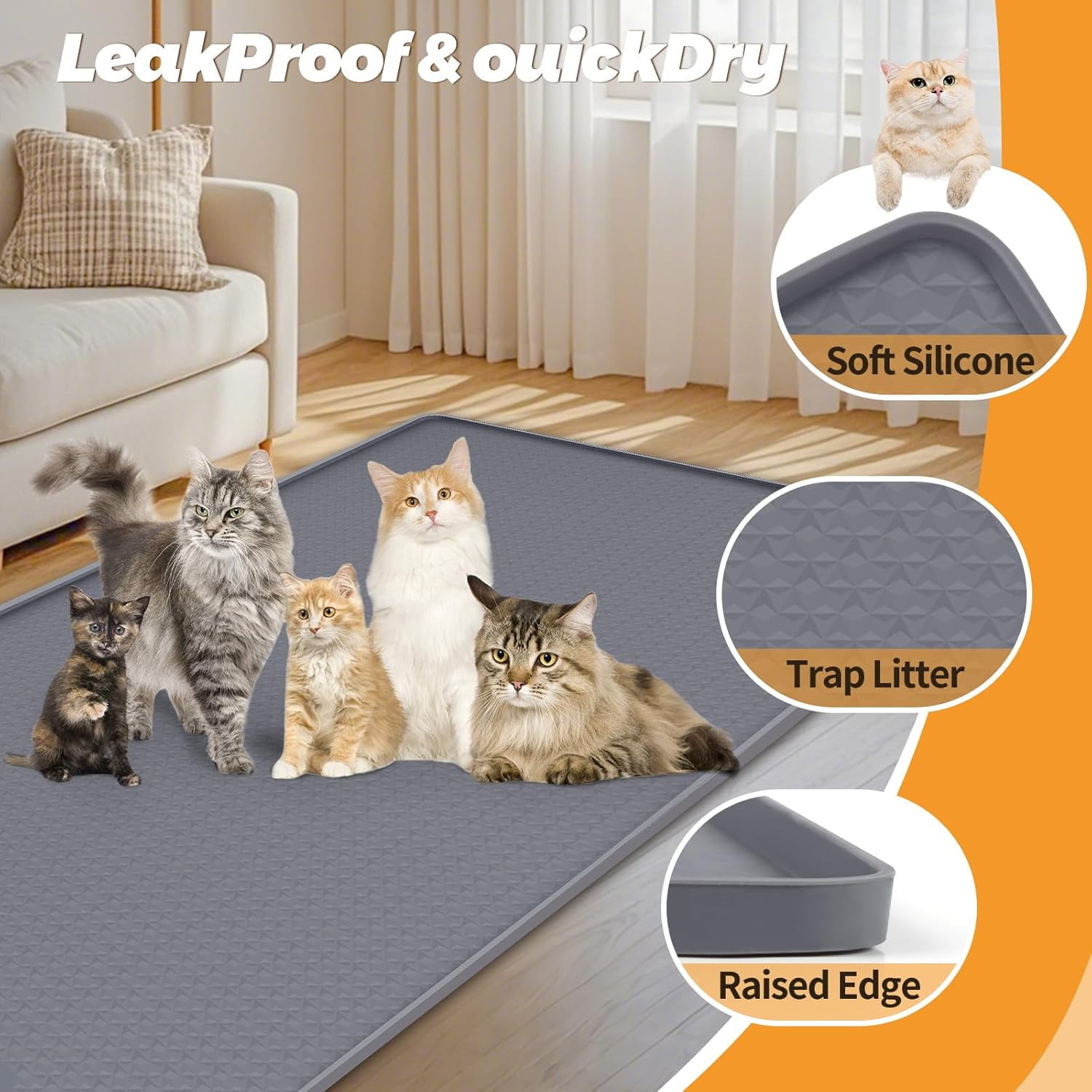 Cat Litter Mat, Extra Large 51" x 25.6" Silicone Mat Litter Trapping Mat for Scatter Control, Soft on Kitty Paws, Easy to Clean (Navy Blue)