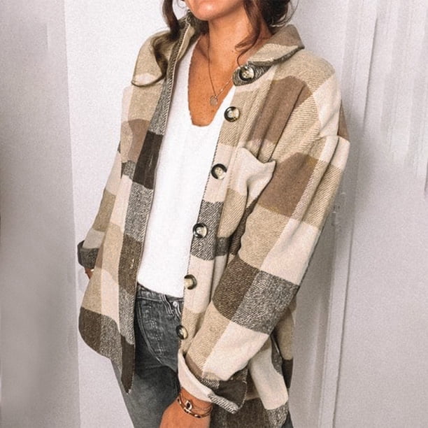 Puntoco Mujeres Casual Manga completa Estampado a cuadros Turndown Collar Outwear Chaquetas Rollbacks Puntoco Puntoco-2943