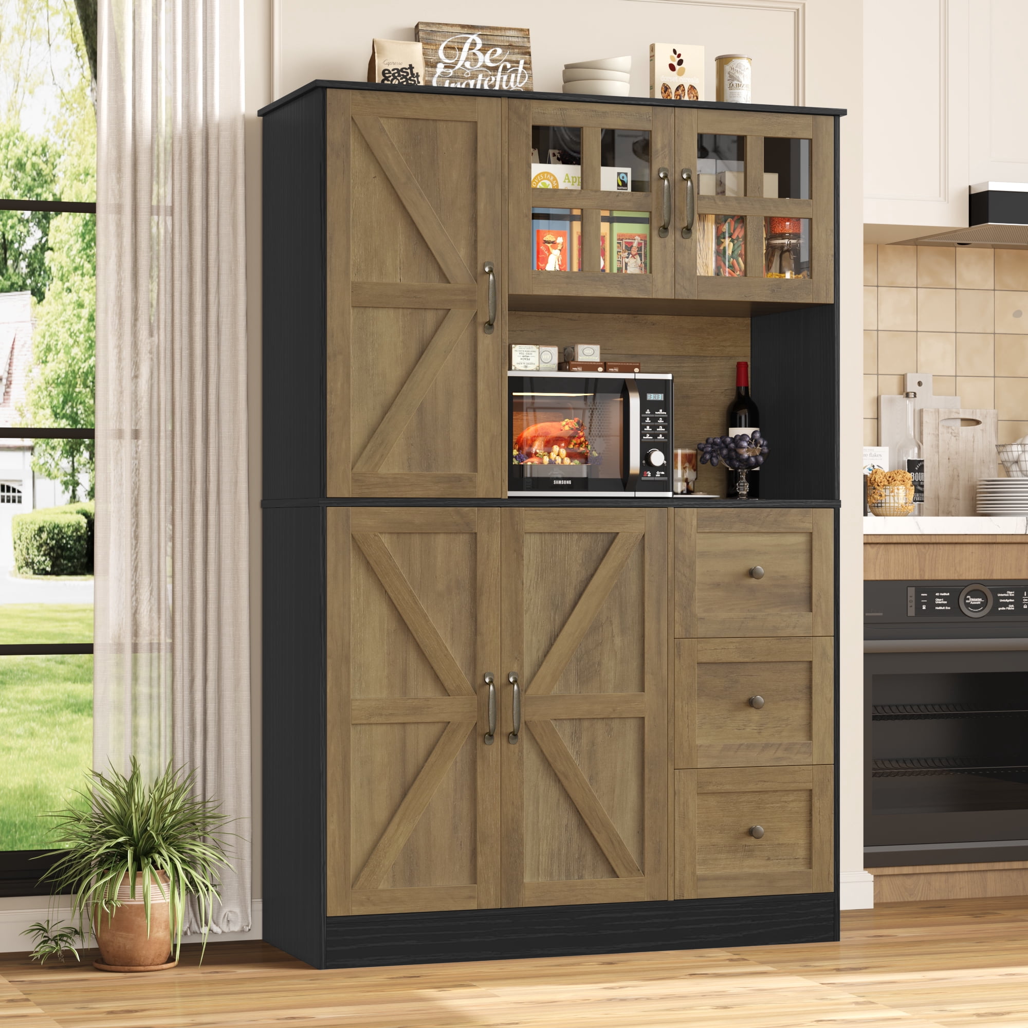 Homfa 62″ Farmhouse Pantry Cabinet with Microwave Shelf, Kitchen Hutch with Adjustable Shelves, 5-doors Freestanding Cupboard for Living Dining Room, Oak