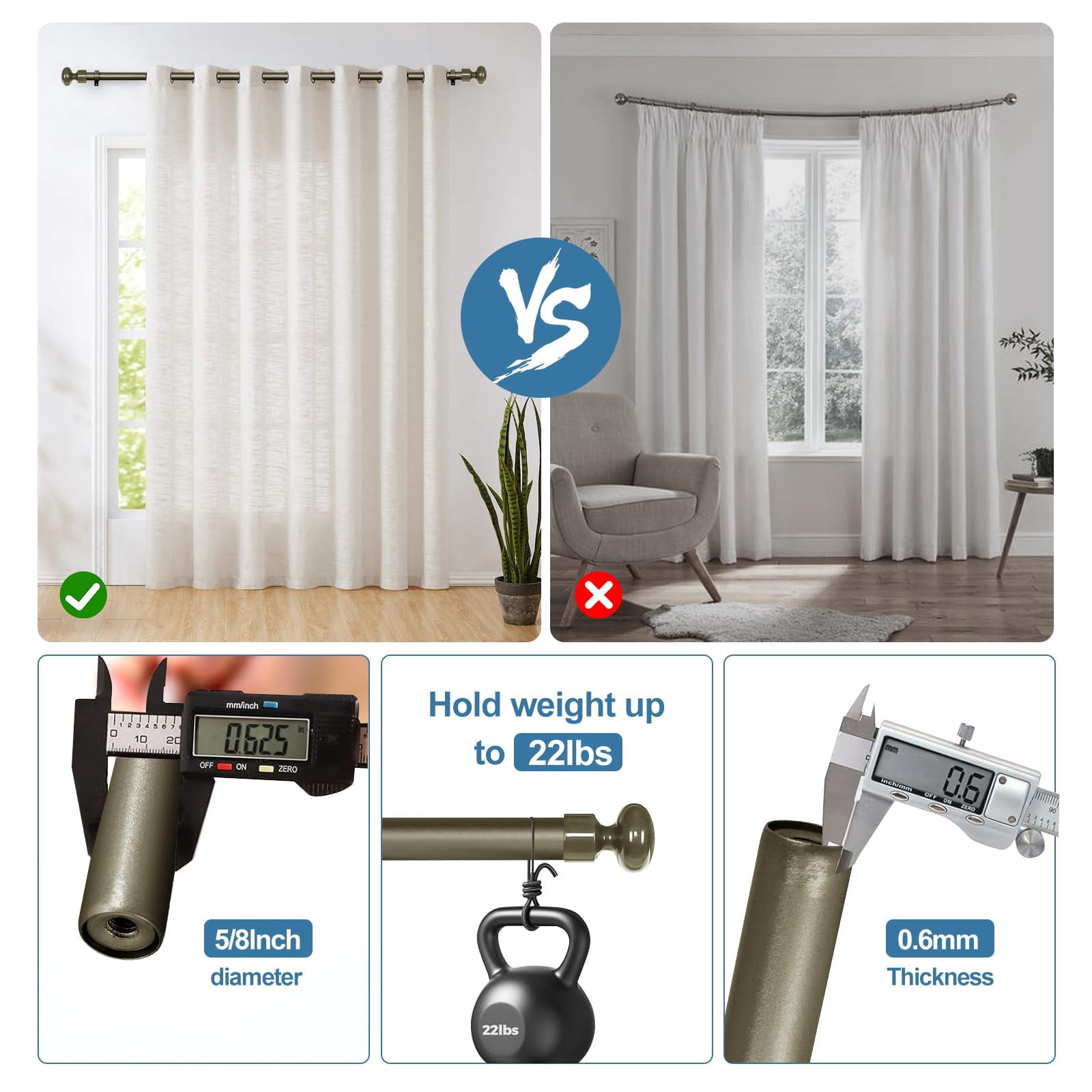 Urbanest Oval Designer Single Curtain Rod – Decorative Metal Finials, 5/8" Diamter Drapery Hardware Set Window Treatments, 48" to 84", Antique Gold