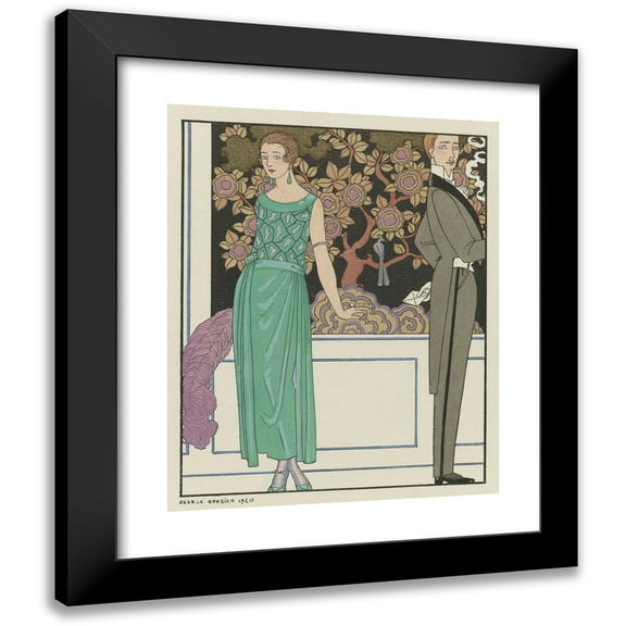 George Barbier 12x14 Black Modern Framed Museum Art Print Titled - The First Imprudence; Evening Dress, from Beer (1921)