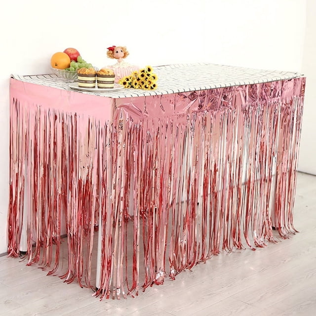 Nvzi Juego de 5 faldas de mesa con flecos de papel de aluminio metálico de 29 x 108 pulgadas (9 pies de largo) de color oro rosa, faldas desechables de oropel para carrozas de desfile, boda