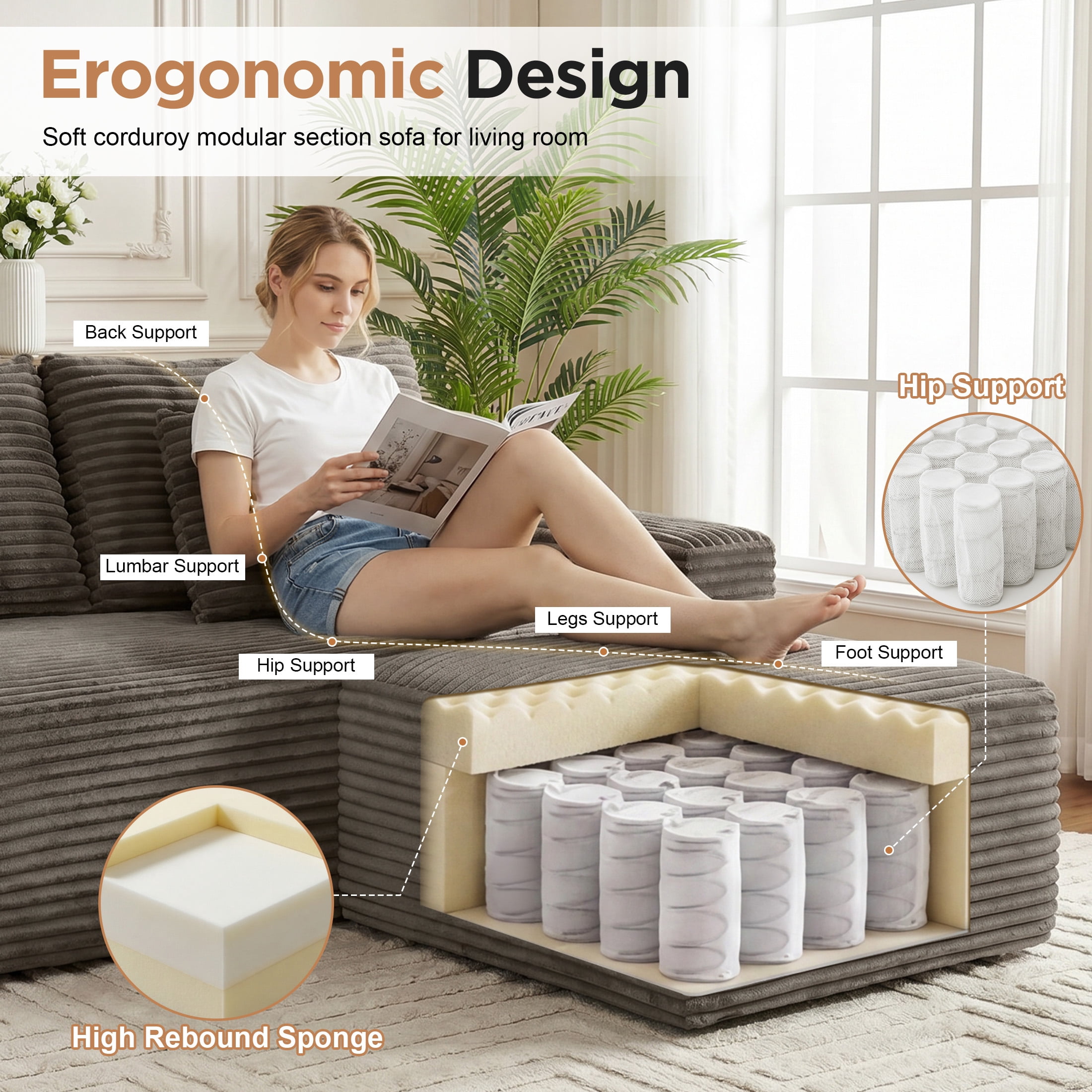 Aenkyo 115" Corduroy U-Shaped Modular Sectional Sofa with 2 Ottomans, 4-Seater, Brown