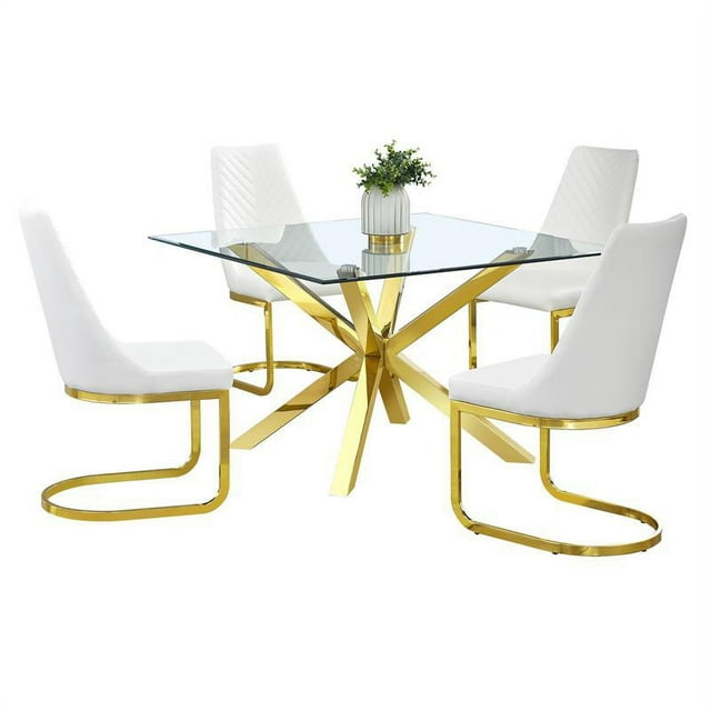 Square 47" x 47" Clear Glass 5pc Dining Set with Gold Stainless Steel