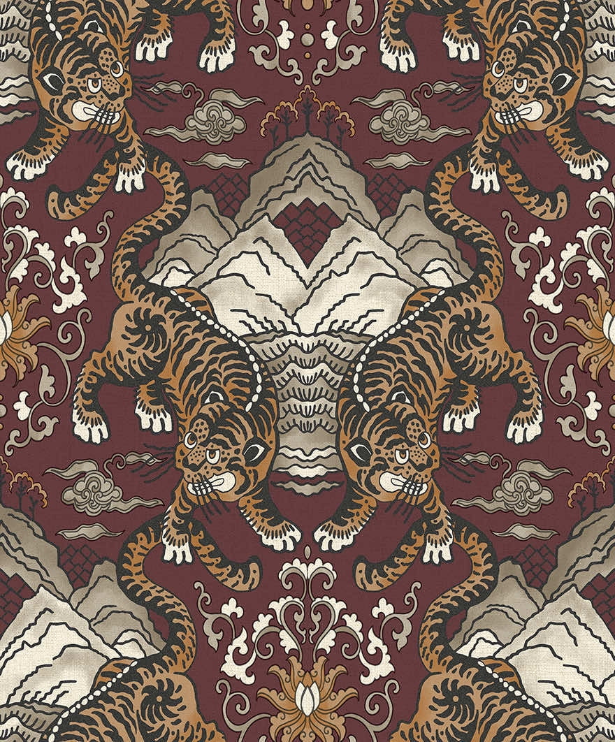 Maroon Tiger Chinese Inspired Textured Wallpaper R8414