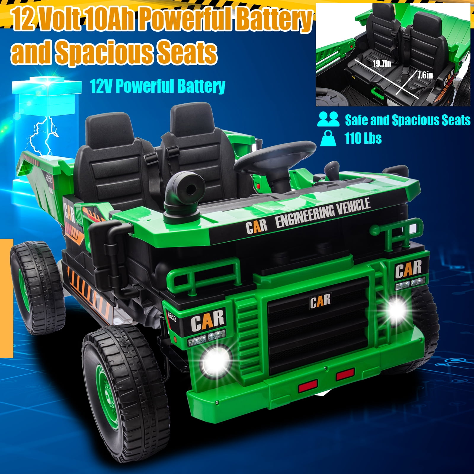 FINITO 12V 10Ah Ride on Tor for Toddlers, Powerful 4 Wheels Electric Dump Truck, 2 Seater Kids Ride on Car w/Parent Remote Control, Music Bluetooth, Green
