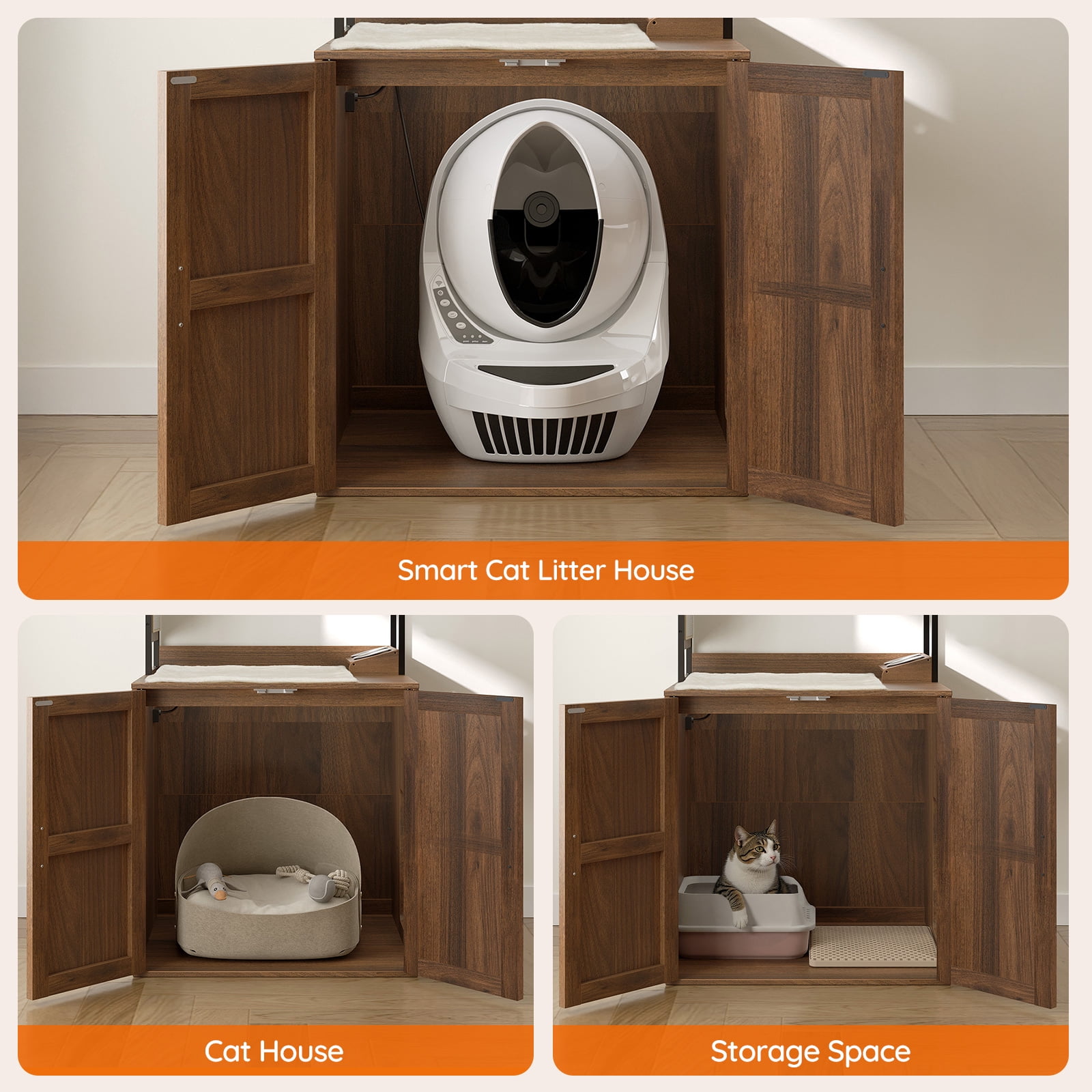 HOOBRO Cat Tree with Hidden Litter Box Enclosure & Scratching Mat, Walnut