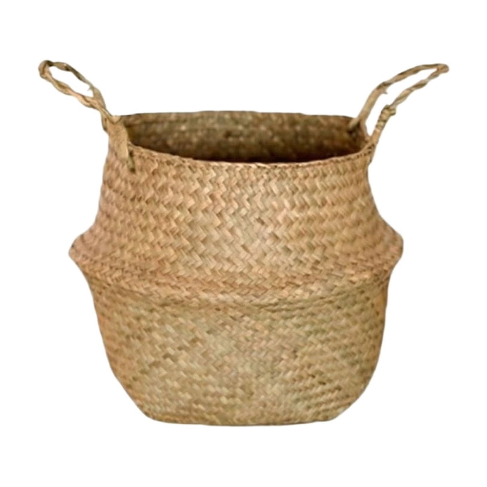 KUNPENG 11" Hand-Woven Seagrass Belly Basket - Medium 27cm Natural Wicker Plant Pot Cover, Foldable Storage Basket with Handles for Living Room, Toy Organization & Boho Home Decor