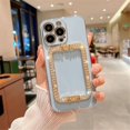 thumbnail image 1 of Metal Rhinestone Stand Electroplating Phone Case For IPhone 16 15 14 13 12 11 Pro Max XR 7 8 Plus SE2/SE3 Shockproof Back Cover Light blue For iPhone 14 Pro, 1 of 6