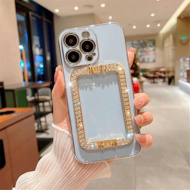 Metal Rhinestone Stand Electroplating Phone Case For IPhone 16 15 14 13 12 11 Pro Max XR 7 8 Plus SE2/SE3 Shockproof Back Cover Light blue For iPhone 14