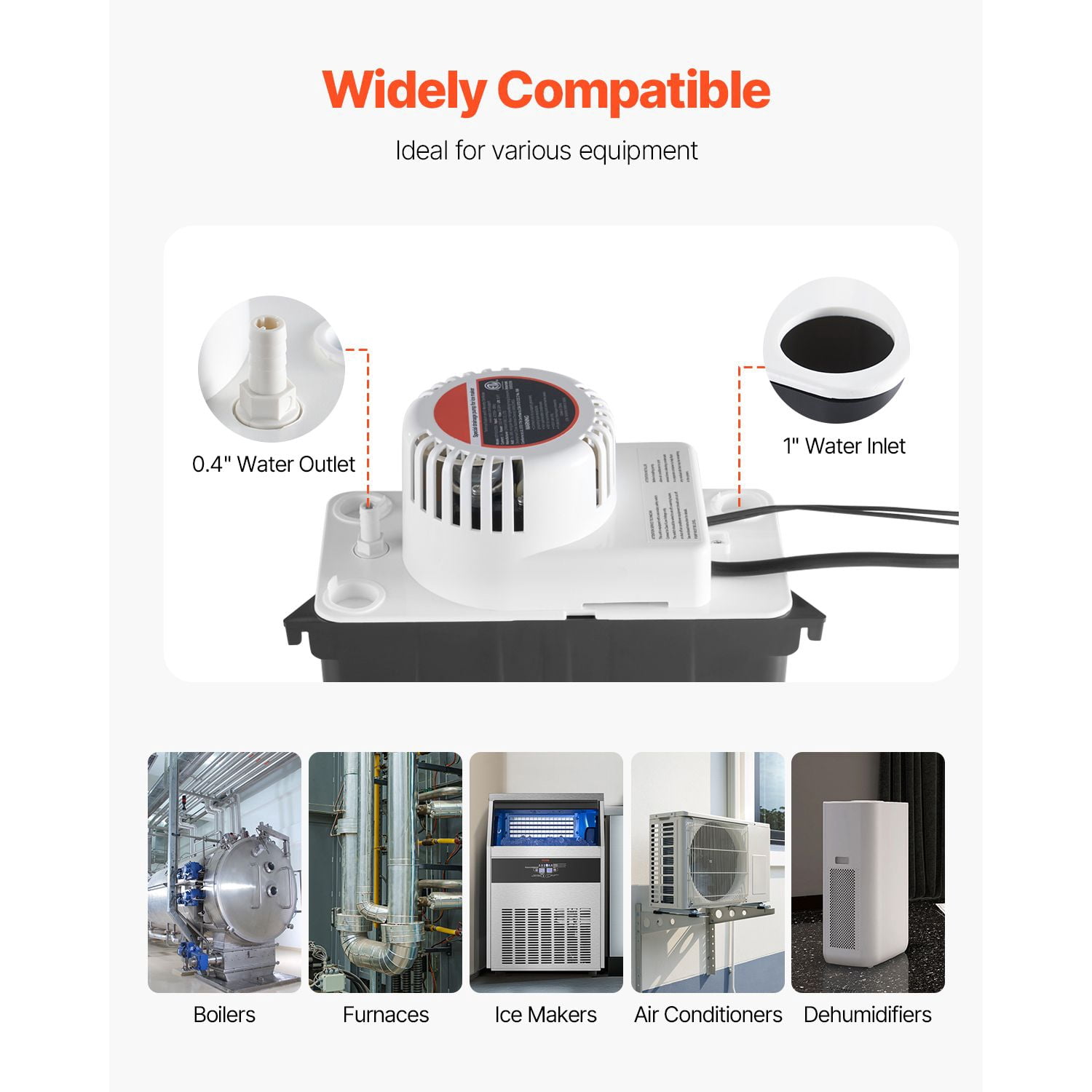 Condensate Removal Pump 1/50 HP, 65 GPH, 24 ft Max Head, 1/2 Gal Tank, Float Switch, for Air Conditioner Dehumidifier