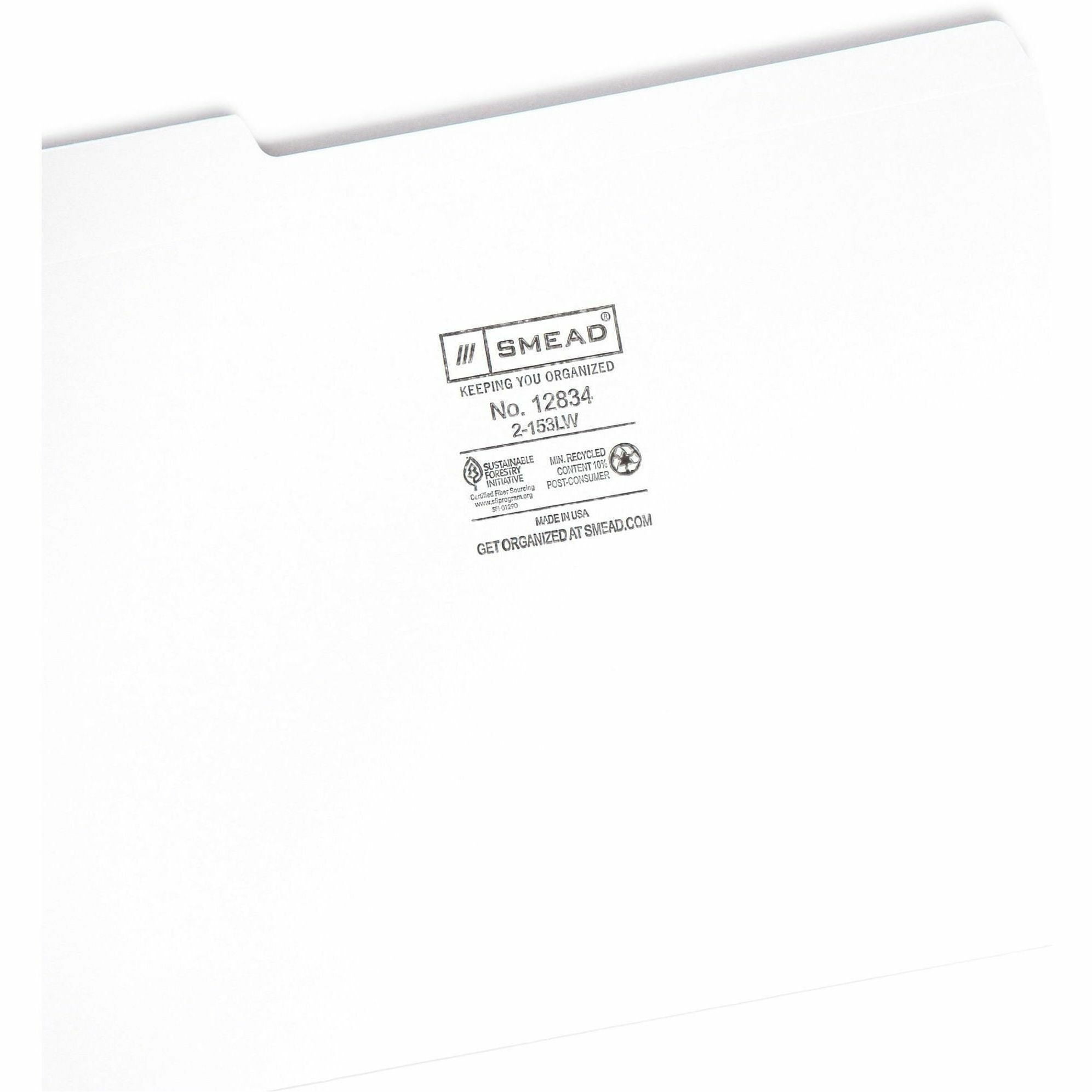 Smead, SMD12834, File Folders with Reinforced Tab, 100 / Box, White