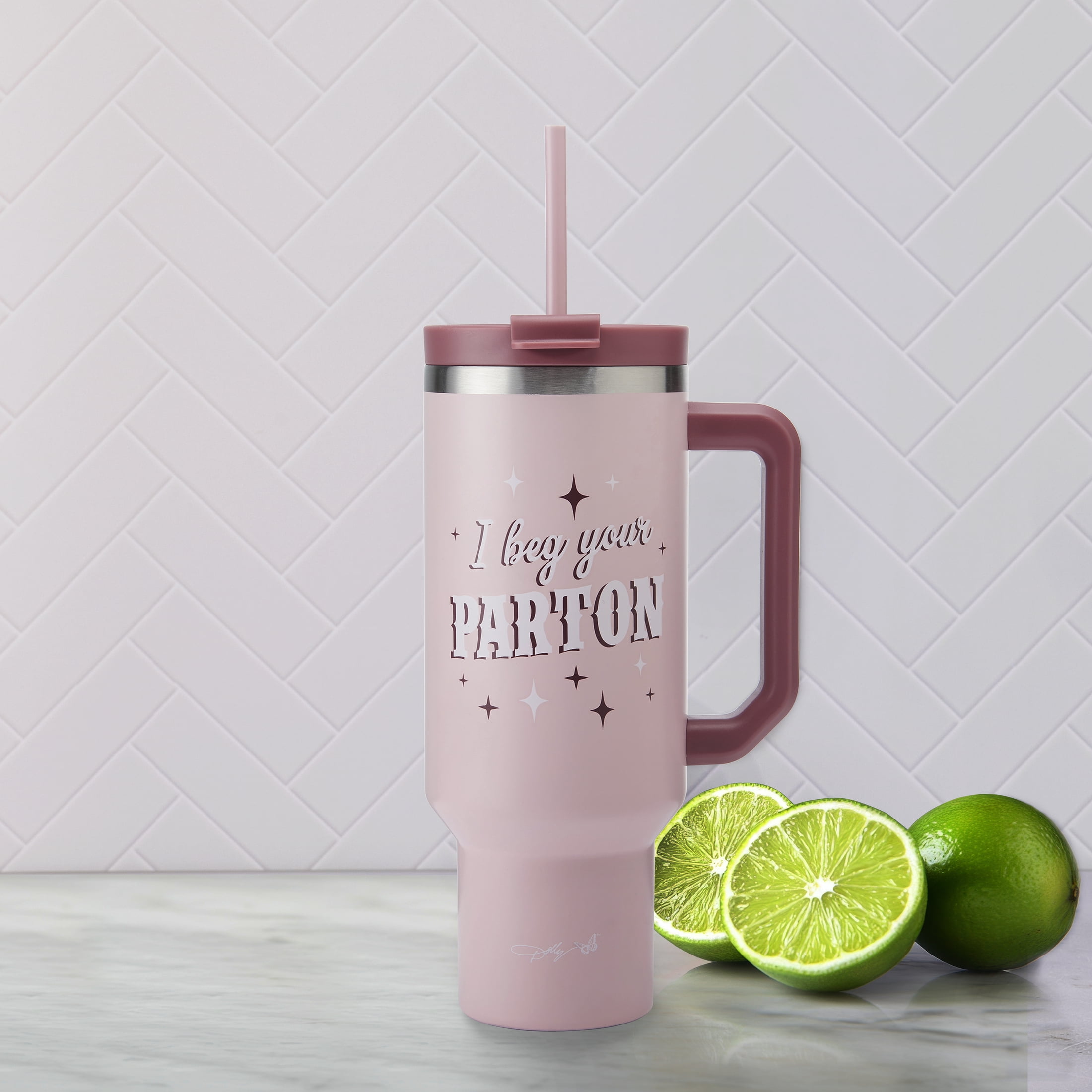 Dolly Parton 40 oz Stainless Steel Tumbler with Handle, Pink