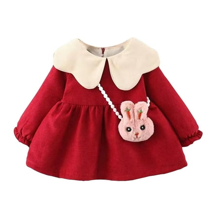 

EHTMSAK Newborn Infant Baby Long Sleeve Sundress for Girl Fall Winter Dresses with Bag Dress Red 0-24M 80/8