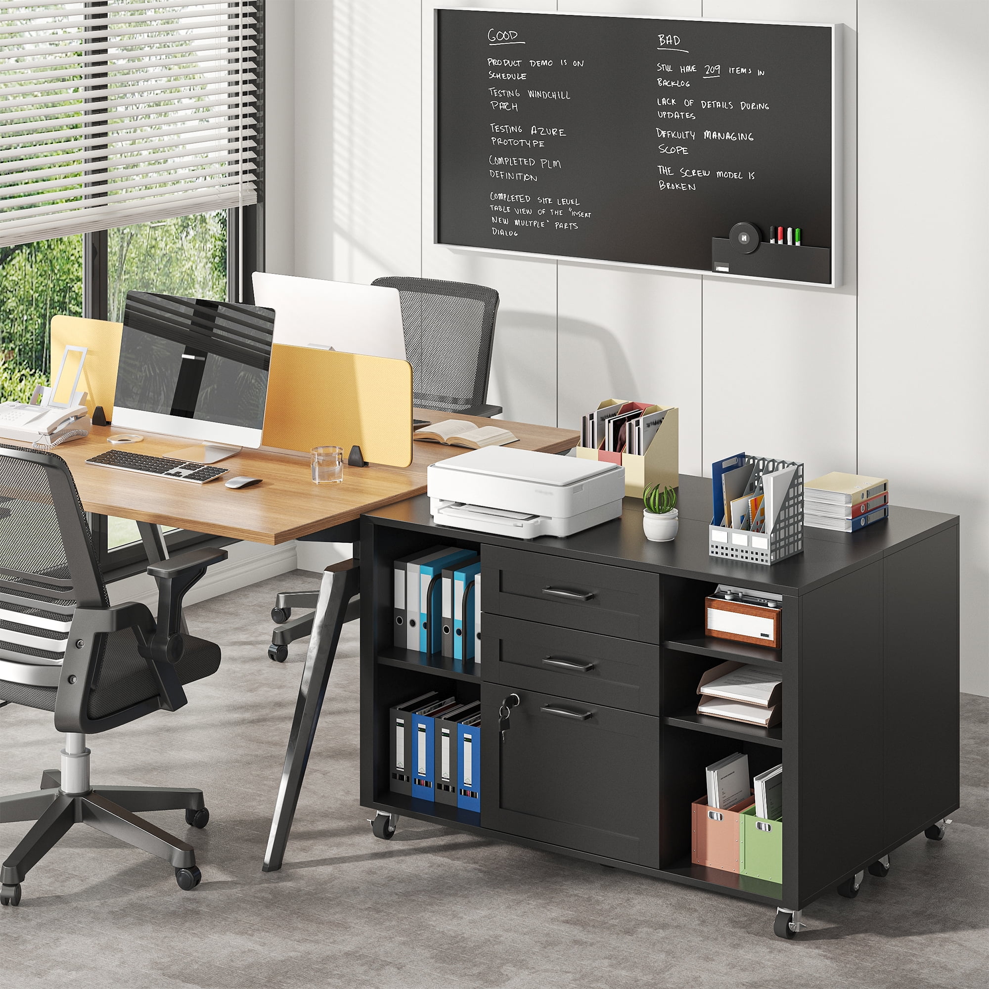 Modfurne 3 Drawer Wood Mobile Large lateral File Cabinet, Lockable Rolling Filing Cabinet, Printer Stand Home Office Storage Fits Files Legal/A4 (Black)
