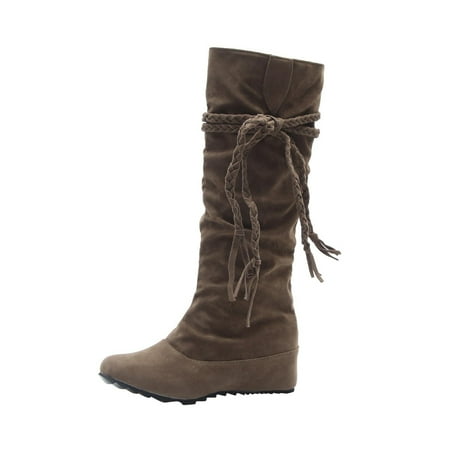 

Winter Boots For Women Low Heel Comfortable Outdoor Non-Slip Mid-Calf Booties Lace-up Wide Calf Boots