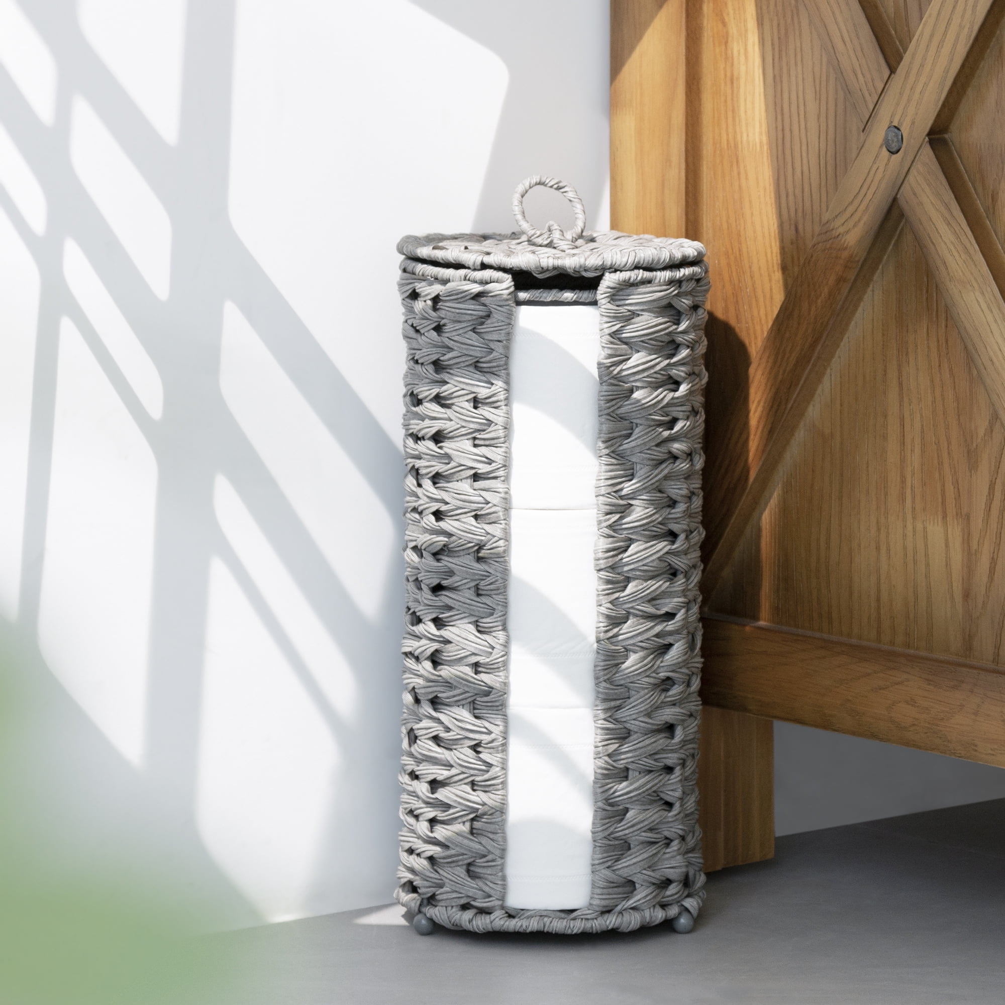 Freestanding Toilet Paper Holder with Lid, Wicker Toilet Roll Holder, Bathroom Storage Basket, Round, Gray