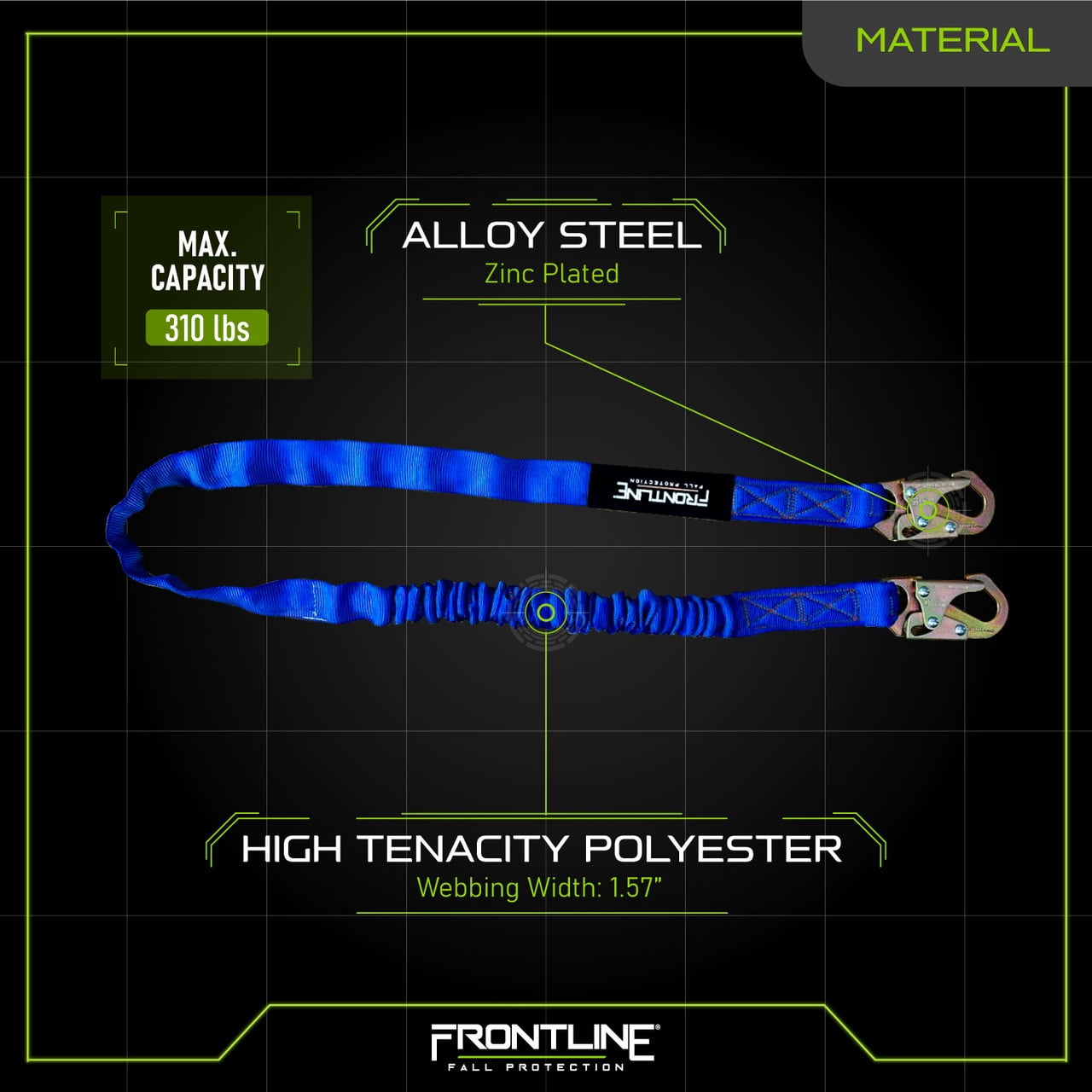 Frontline LIS61S-AM Combat™ American Style Single Leg 6' Snaphook Lanyard with Internal Shock Absorber