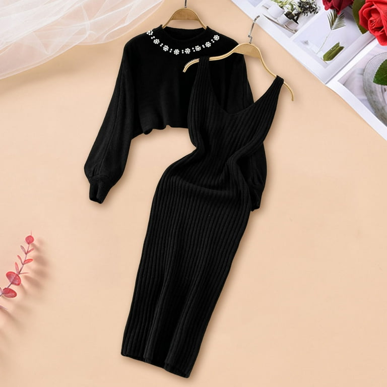 Fashion V-neck solid color sleeveless beaded knitted dress Fashion V-neck solid color sleeveless beaded knitted dress
