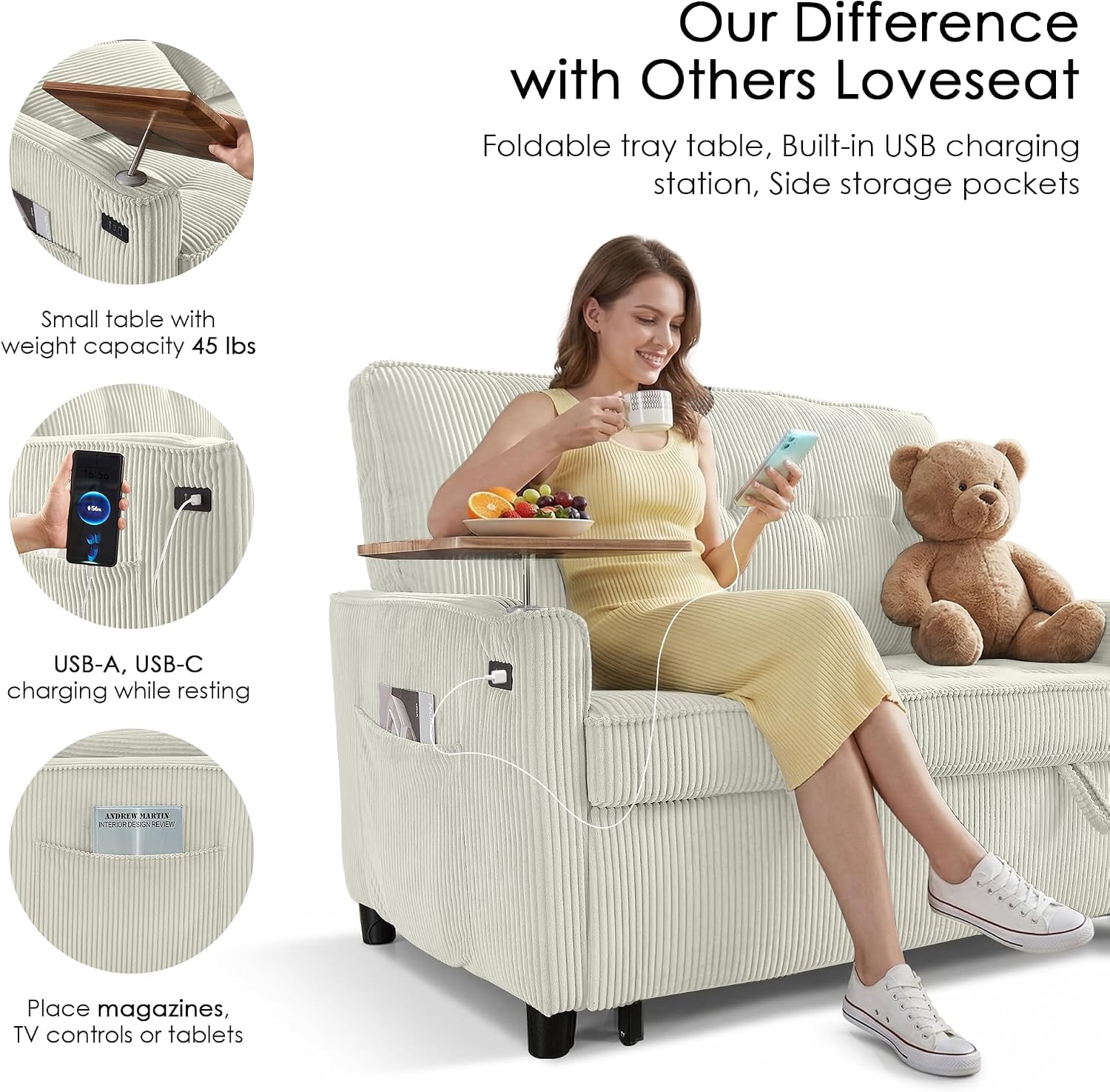 55" Sleeper Sofa Bed, Convertible Pull Out Couch with Side Stand, USB Ports, Side Pockets, Corduroy Fabric, Adjustable Backrest, Beige