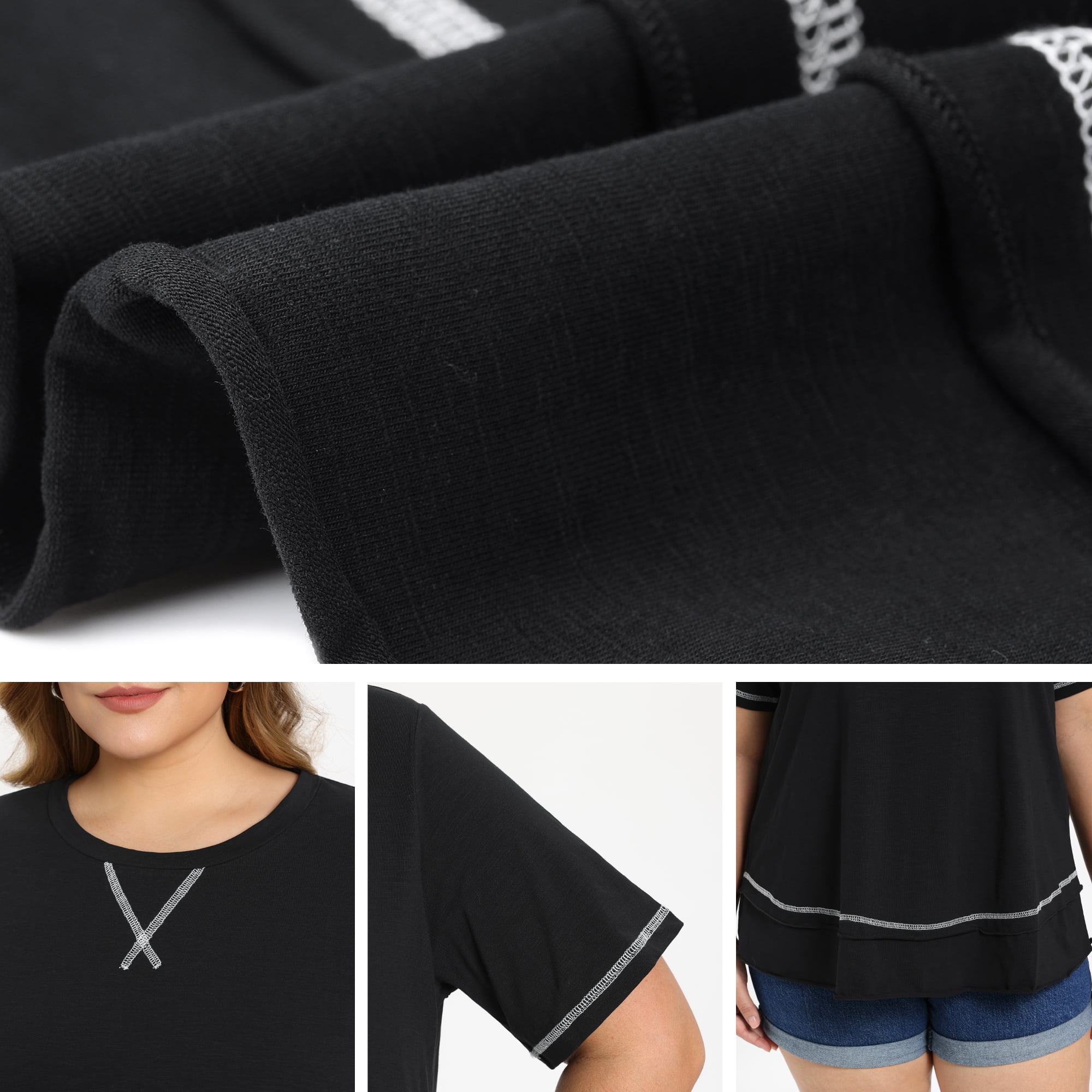 DARING DIVA Women's Plus Crew Neck Short Sleeve Loose Knit Blouse Tops 4X Black