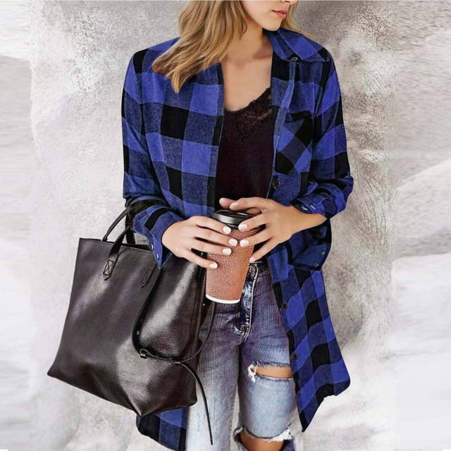 Ailaofu Women's Oversized Button Down Long Plaid Shirts Lapel Long Sleeve Check Jacket Shacket