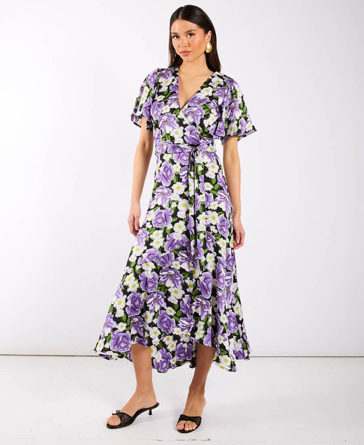 purple floral wrap dress Lilac Purple Floral Satin Ruffled Wrap Dress
