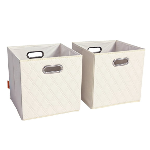 FH Group JIAessentials Set of 2 Collapsible Foldable Diamond Pattern Faux Leather Cube Storage Bins 12 in w Dual Handles for Shelves, Organizers & More Medium
