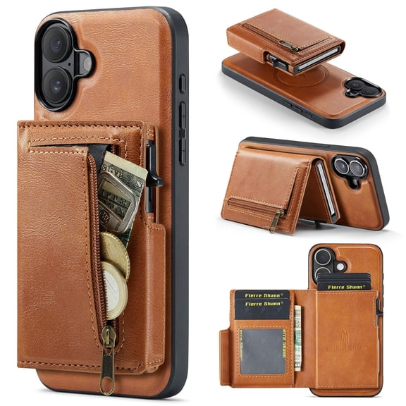 for iPhone 17 Back Wallet Phone Case with RFID Blocking Detachable Card Holder, PU Leather Flip Kickstand Shockproof Zipper Pocket Magnetic Cover for iPhone 17 Women Men, Brown