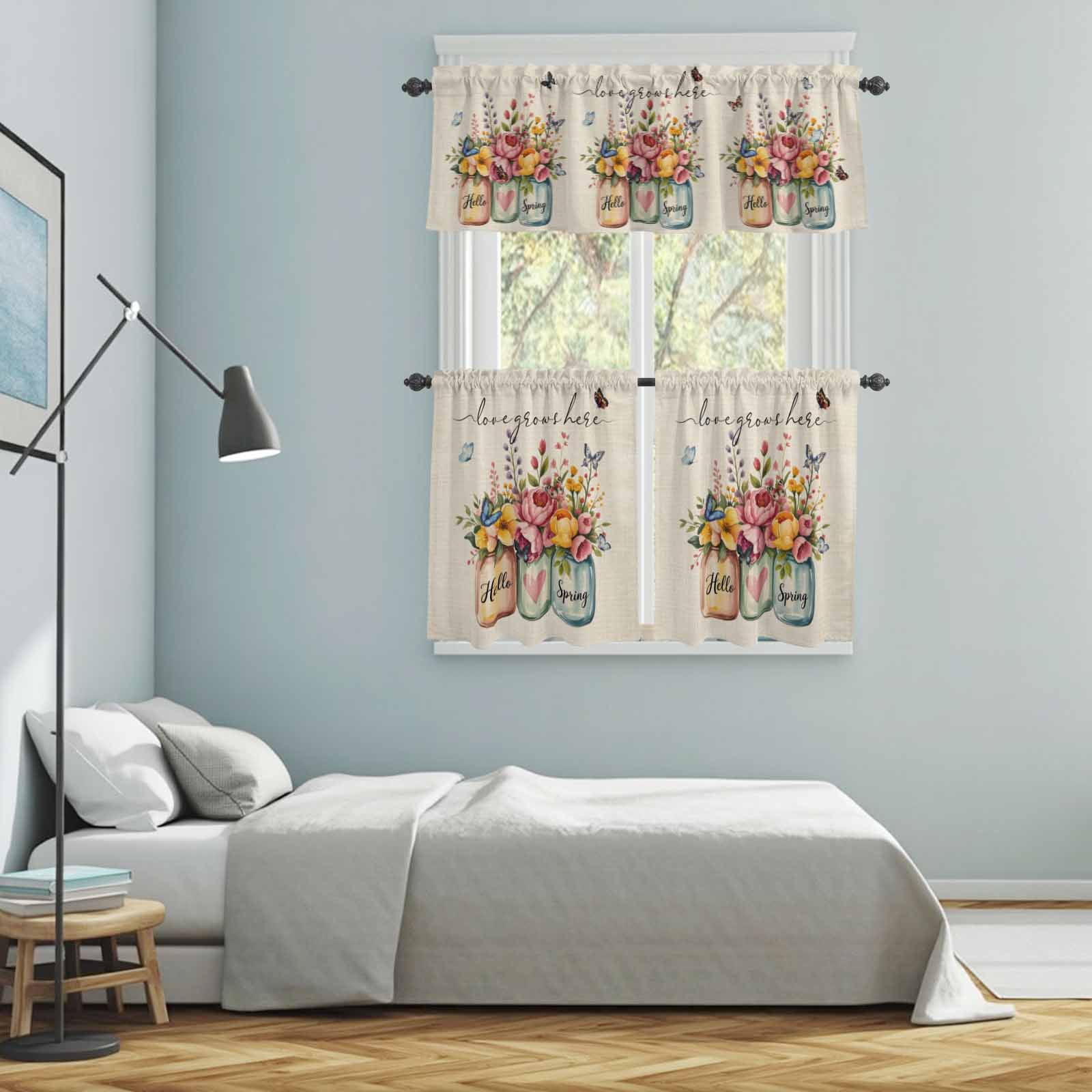 Hello Spring Kitchen Curtains Valances and Tiers 3pcs Love Grows Here Color Flowers Leaf Retro Linen Tier Curtains and Valance Rod Pocket Valance Curtains Set for Kitchen Bathroom 27.5"x36"