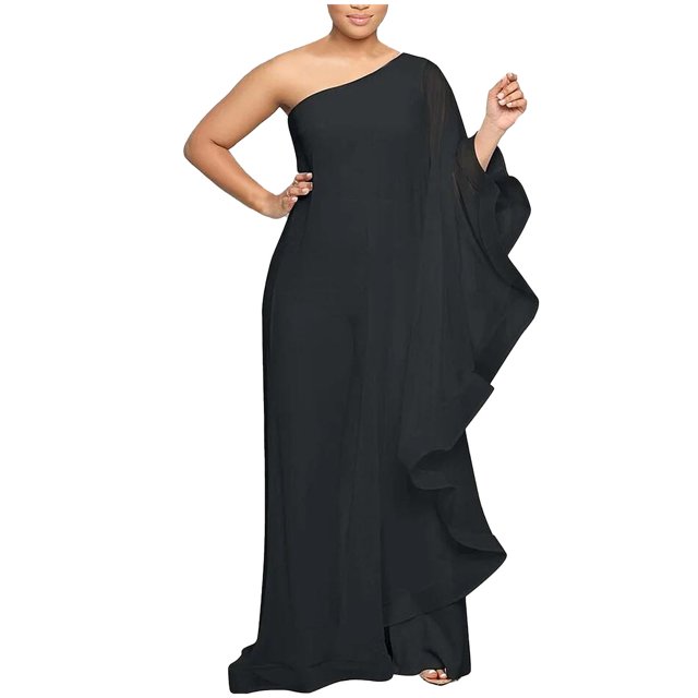 Ensembles pour Femmes Combinaisons pour Femmes une Épaule Soirée Cocktail Semi-Formelle Robe Maxi Pantalon Ensemble Tailleur Ensembles Deux Pièces S-111 Noir G