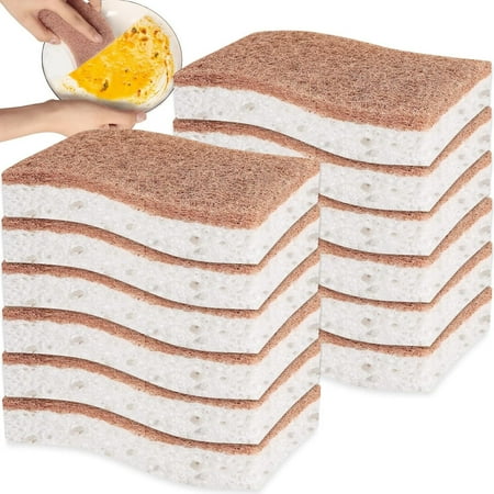 LQQBOX 12 Pack Biodegradable Natural Kitchen Sponge - Compostable Cellulose and Coconut Walnut Scrubber Sponge - Eco Friendly Sponges for Dishes